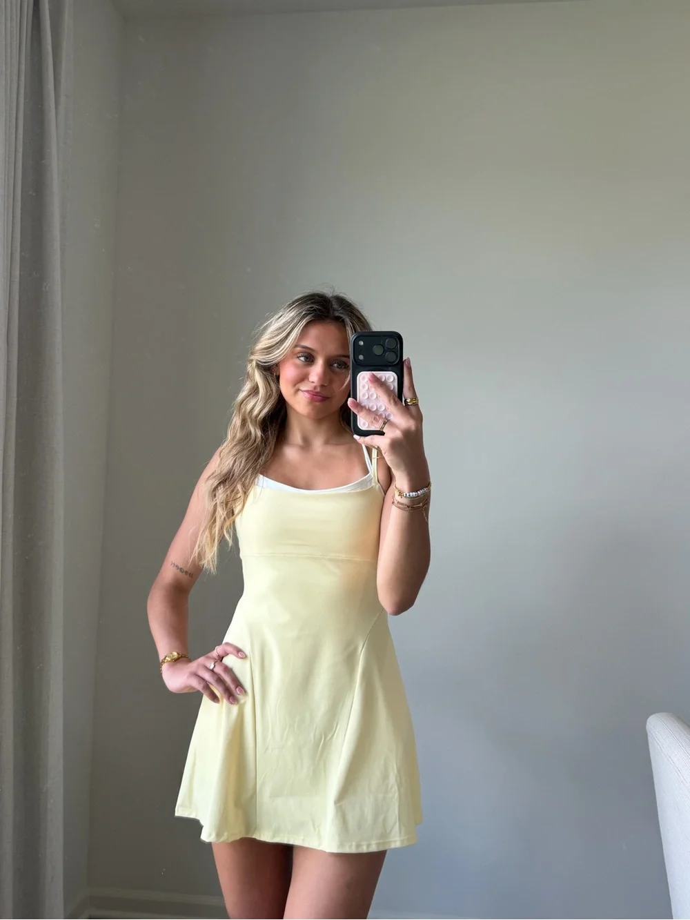 Butter yellow double layered activewear dress romper - Picture 5 of 9